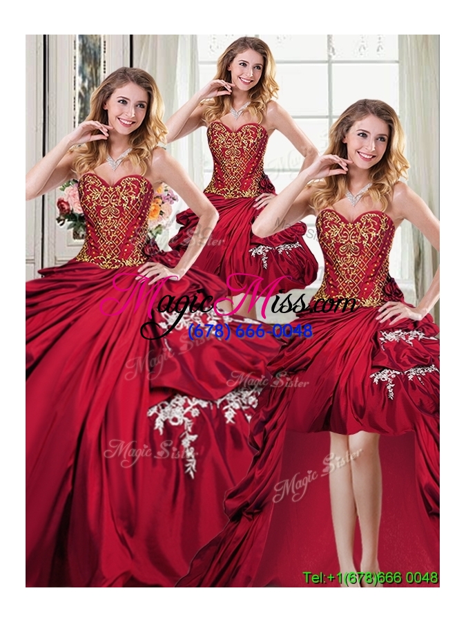 wholesale exclusive applique and bubble detachable sweet 15 dresses in wine red