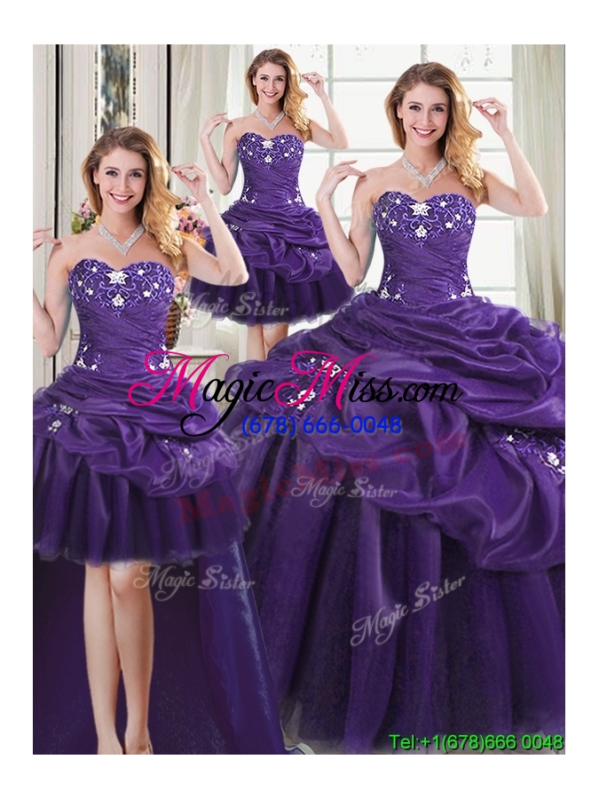 wholesale popular applique and pick ups purple detachable quinceanera dresses in organza