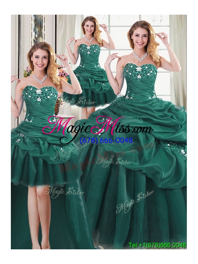 wholesale new arrivals big puffy dark green detachable quinceanera dresses with appliques