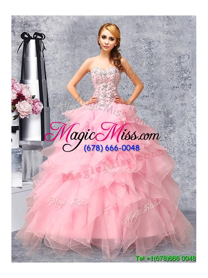 wholesale popular beaded and ruffled organza quinceanera dress in rose pink