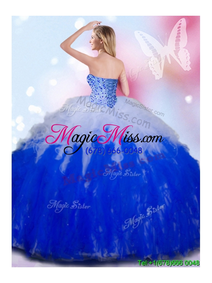 wholesale unique beaded and ruffled tulle quinceanera dress in white and royal blue
