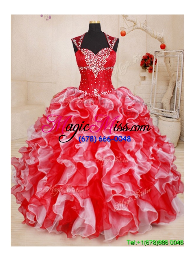 wholesale lovely straps open back beaded and ruffled quinceanera dress in red and white