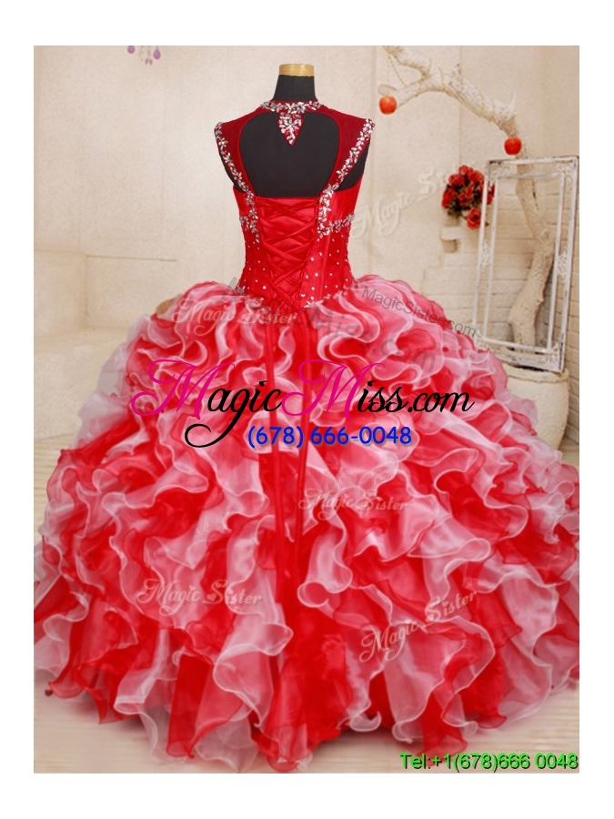 wholesale lovely straps open back beaded and ruffled quinceanera dress in red and white
