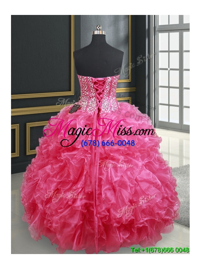 wholesale 2017 hot sale visible boning beaded bodice hot pink quinceanera dress with ruffles