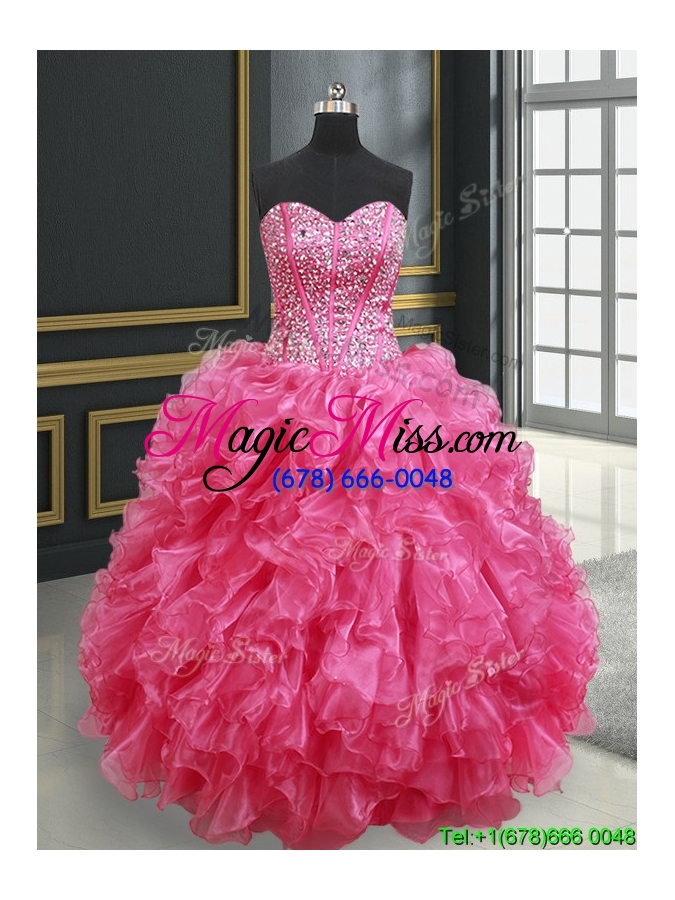 wholesale 2017 hot sale visible boning beaded bodice hot pink quinceanera dress with ruffles