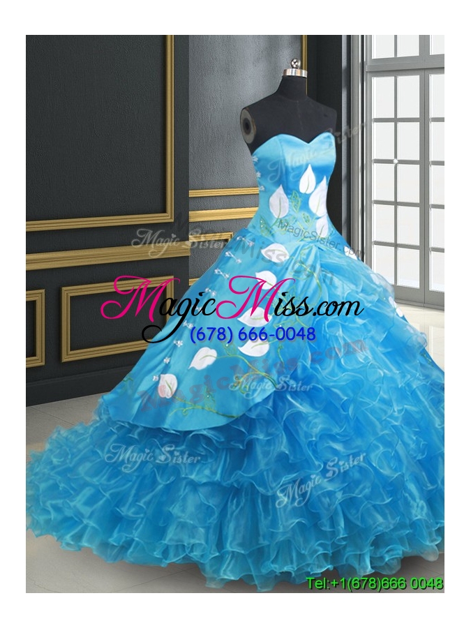 wholesale 2017 top seller brush train baby blue quinceanera dress with embroidery and ruffled layers
