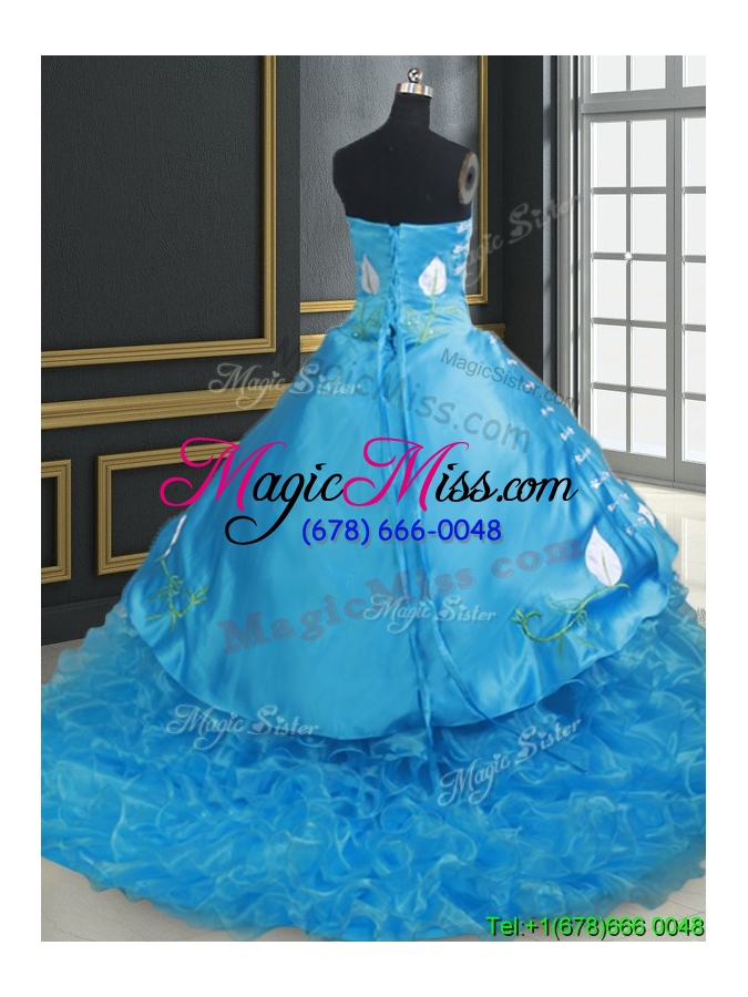 wholesale 2017 top seller brush train baby blue quinceanera dress with embroidery and ruffled layers