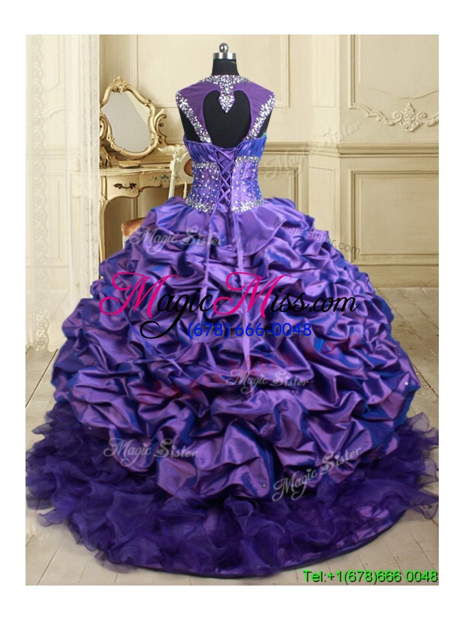 wholesale 2017 perfect straps organza and taffeta purple quinceanera dress with brush train