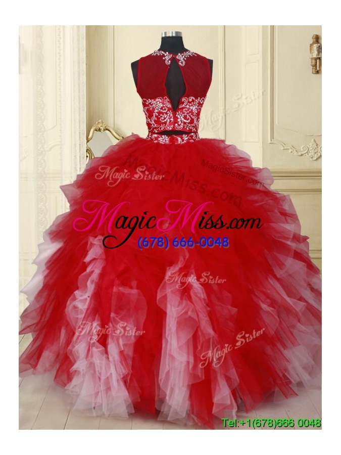 wholesale elegant two piece see through scoop red and white quinceanera dress with beading