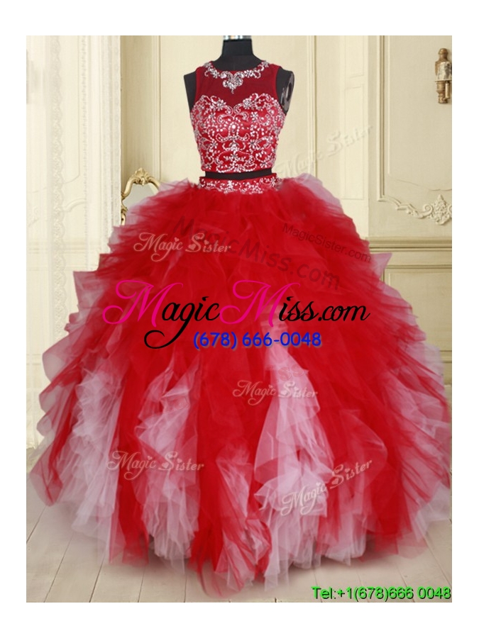 wholesale elegant two piece see through scoop red and white quinceanera dress with beading