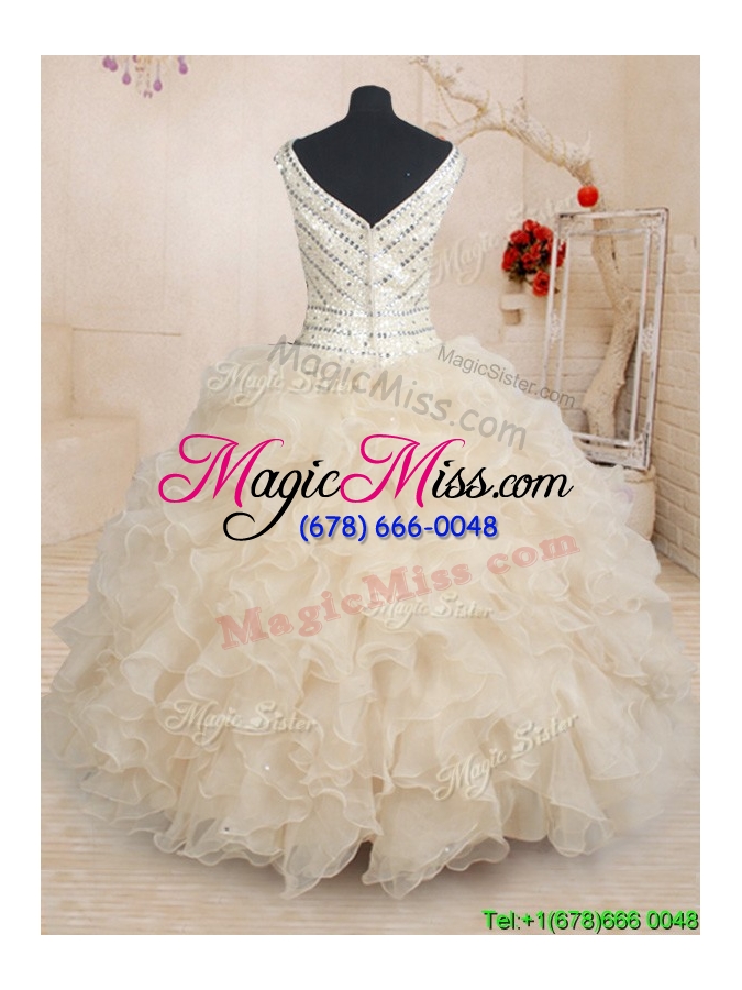 wholesale elegant v neck cap sleeves zipper up beaded quinceanera dress in champagne