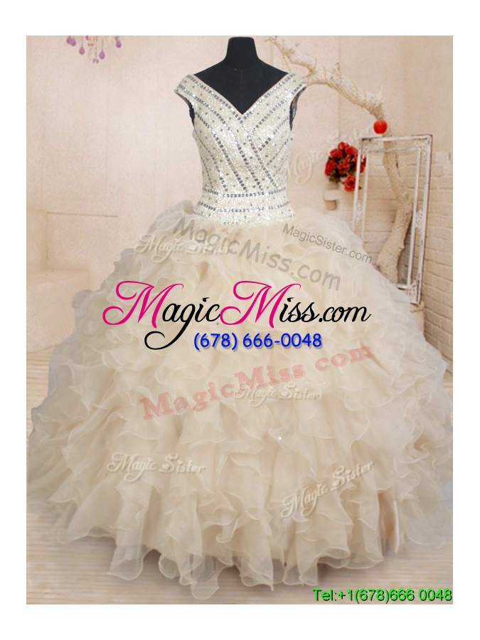 wholesale elegant v neck cap sleeves zipper up beaded quinceanera dress in champagne
