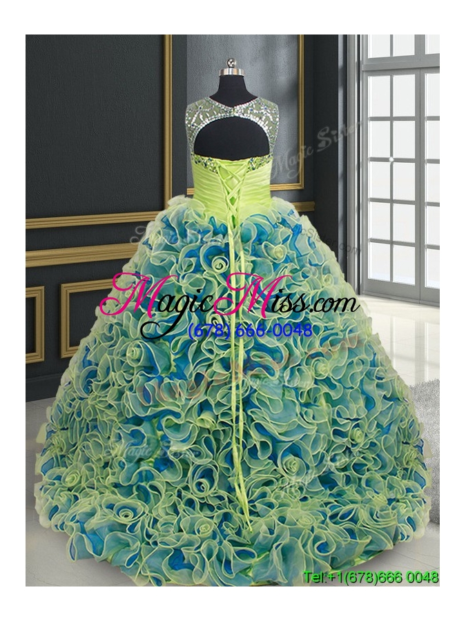 wholesale gorgeous see through scoop brush train yellow green quinceanera dress in rolling flowers