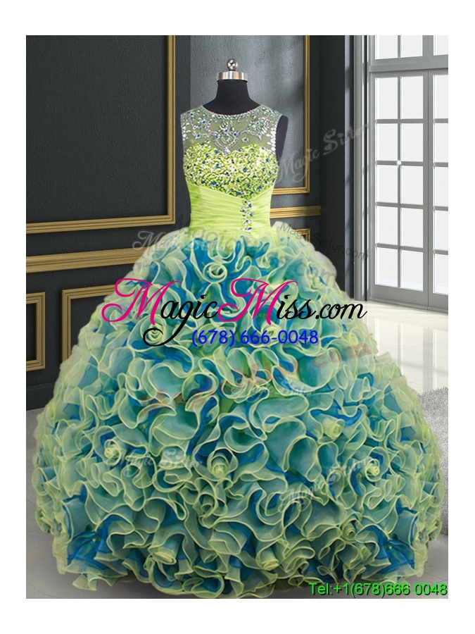 wholesale gorgeous see through scoop brush train yellow green quinceanera dress in rolling flowers