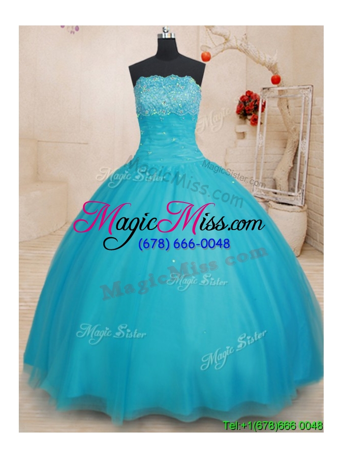 wholesale fashionable really puffy strapless aqua blue quinceanera dress with beading