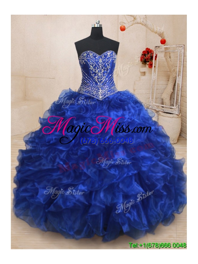 wholesale latest beaded and ruffled royal blue quinceanera dress with brush train
