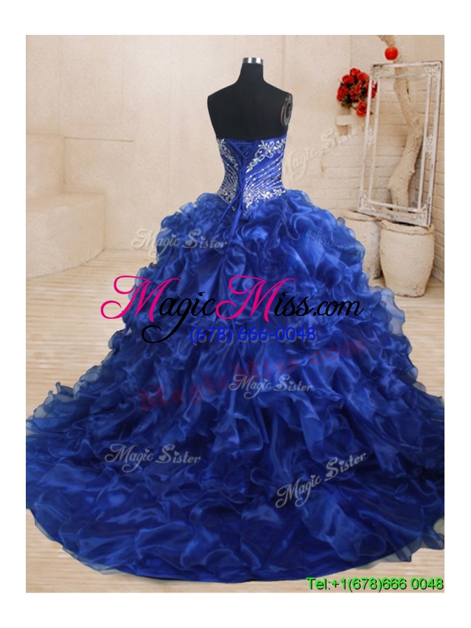 wholesale latest beaded and ruffled royal blue quinceanera dress with brush train