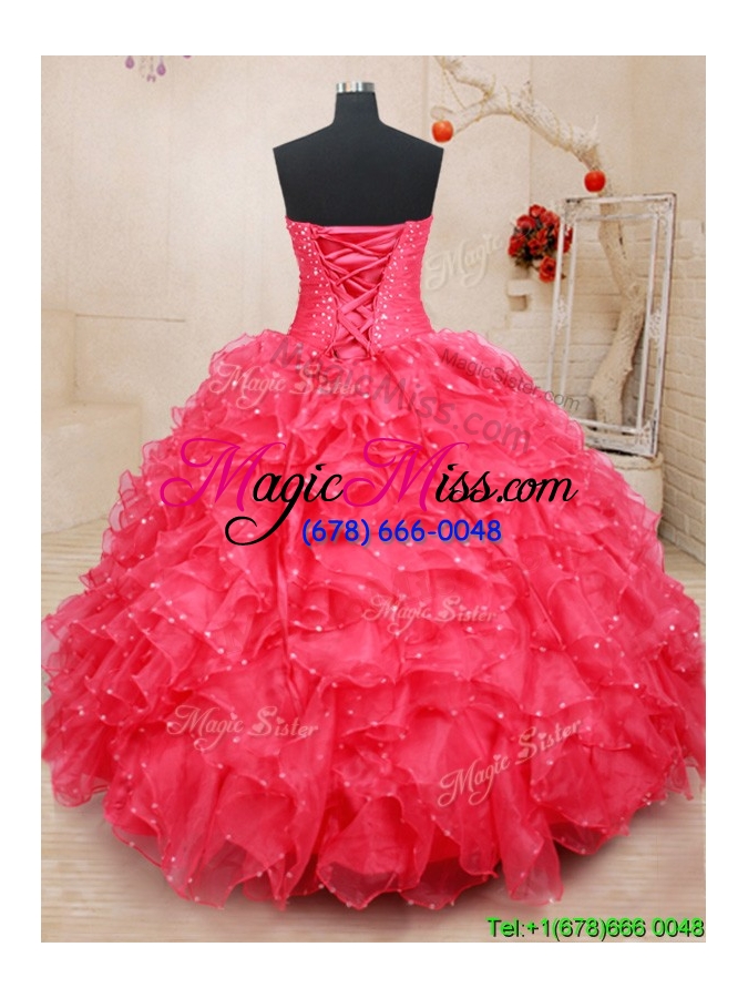wholesale classical beaded coral red quinceanera dress with ruffles and handcrafted flower