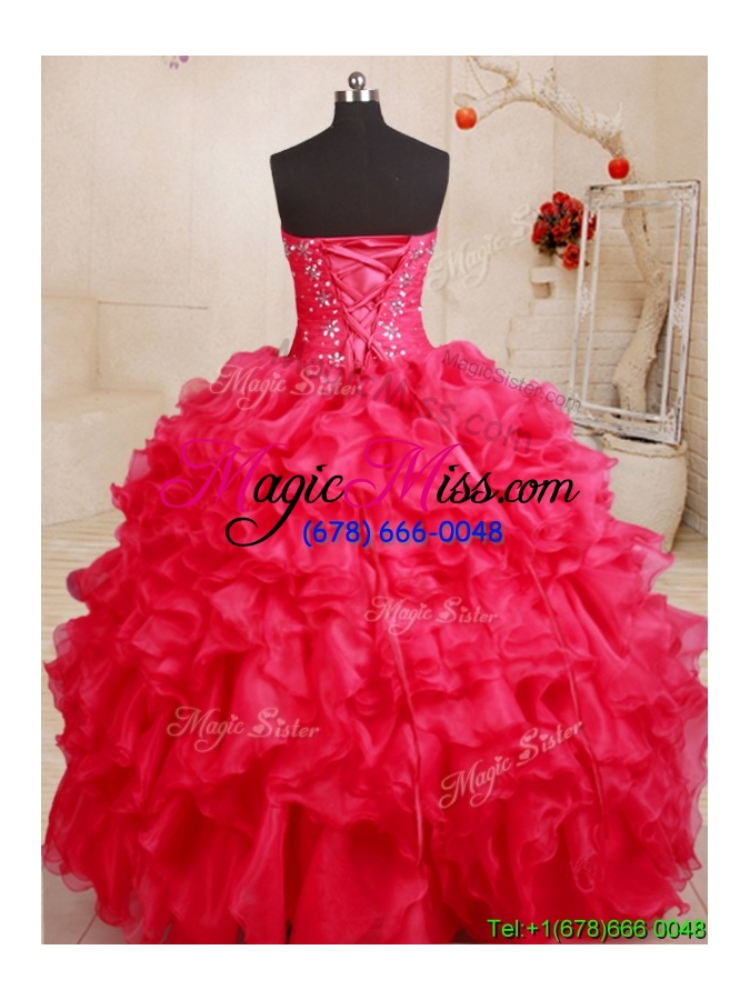 wholesale gorgeous big puffy beaded and ruffled coral red quinceanera dress in organza