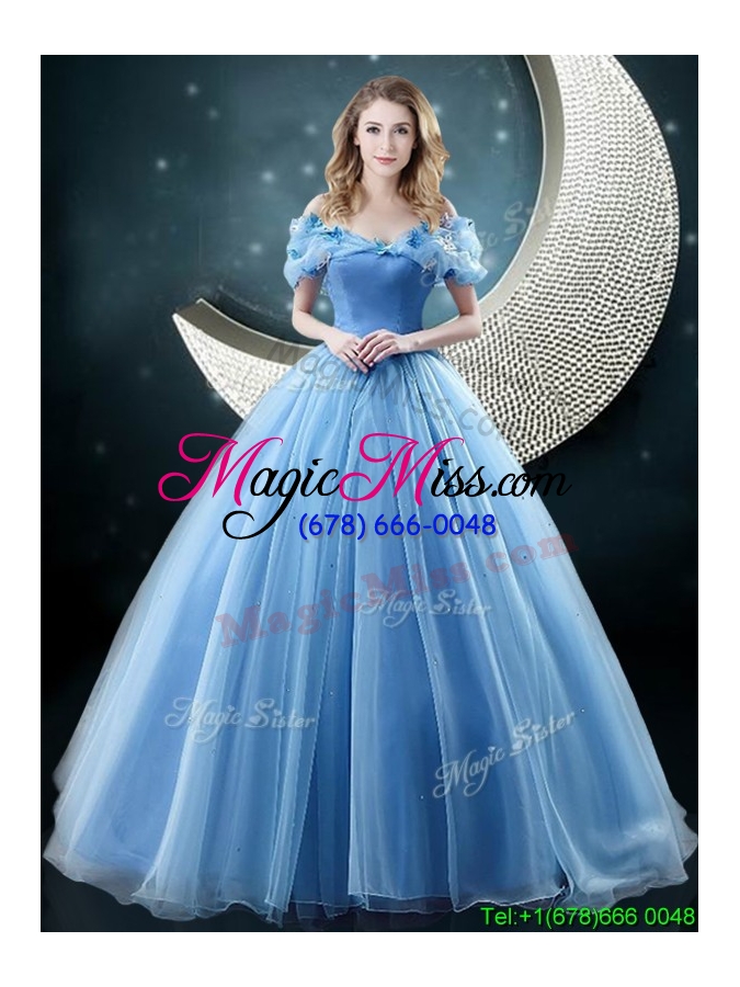 wholesale cheap off the shoulder brush train quinceanera dress with butterfly appliques