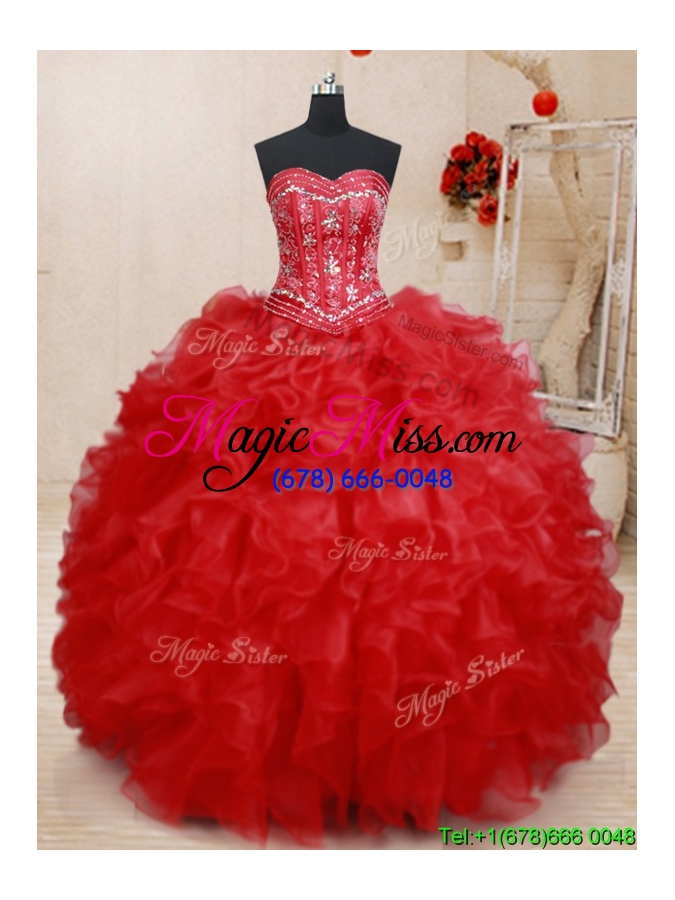 wholesale unique visible boning lace up red sweet 15 dress with beading and ruffles