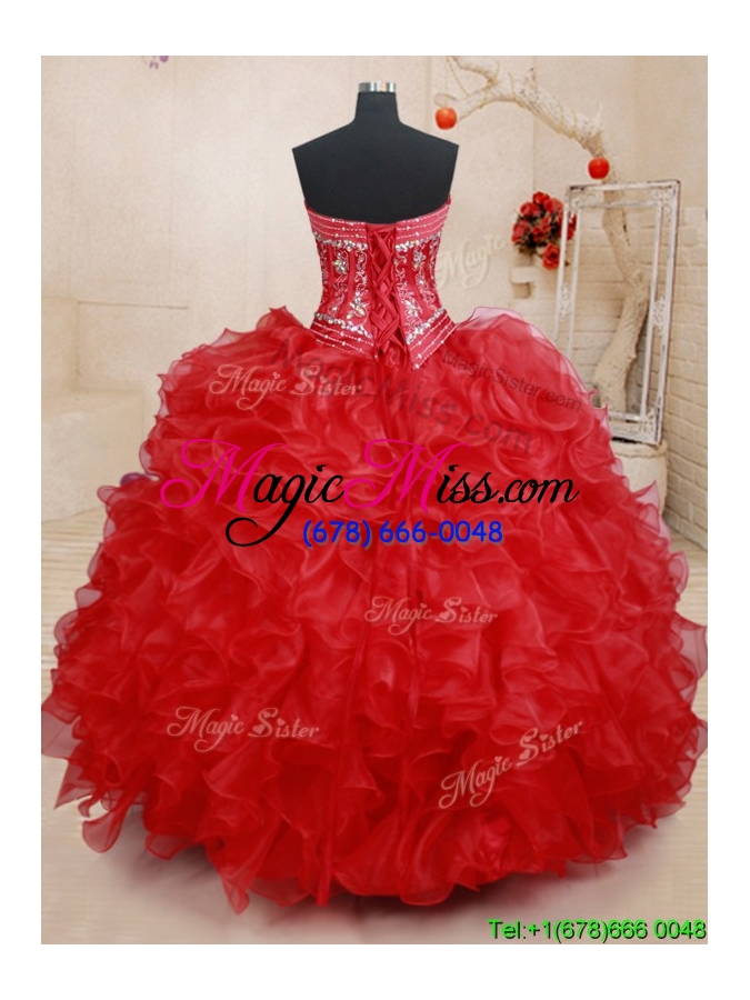 wholesale unique visible boning lace up red sweet 15 dress with beading and ruffles