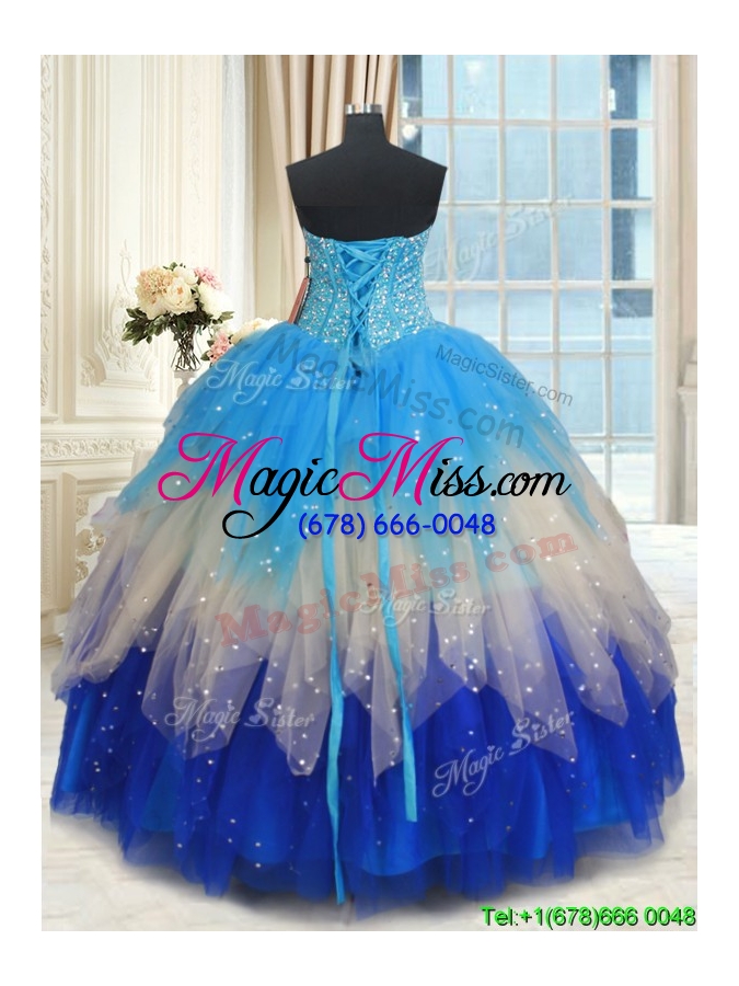 wholesale popular visible boning beaded bodice and ruffled multi color quinceanera dress