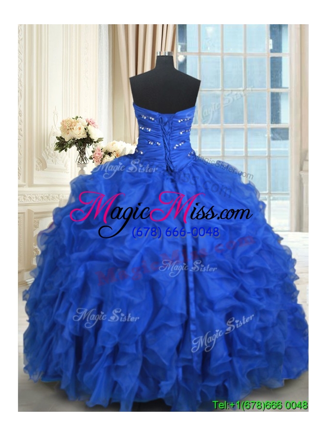 wholesale lovely ruffled and beaded organza quinceanera dress in royal blue