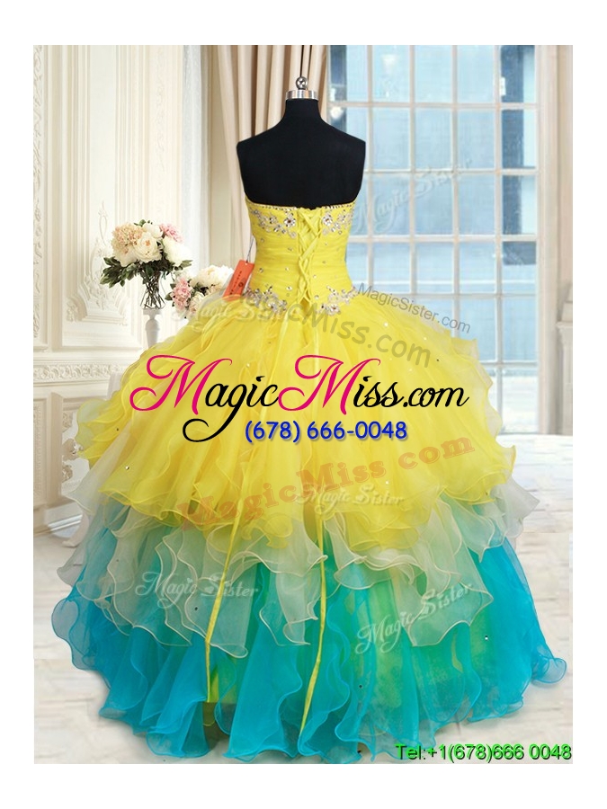 wholesale unique yellow and teal sweetheart quinceanera dress with ruffles and beading