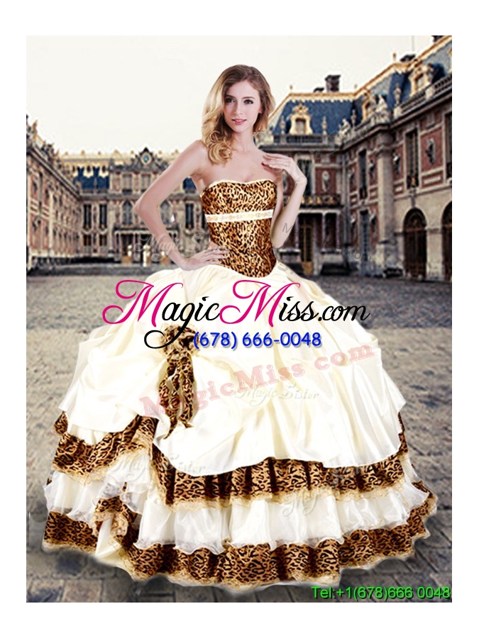 wholesale exquisite leopard champagne quinceanera dress with pick ups and hand made flowers