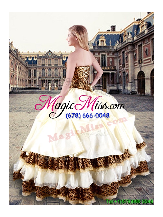 wholesale exquisite leopard champagne quinceanera dress with pick ups and hand made flowers