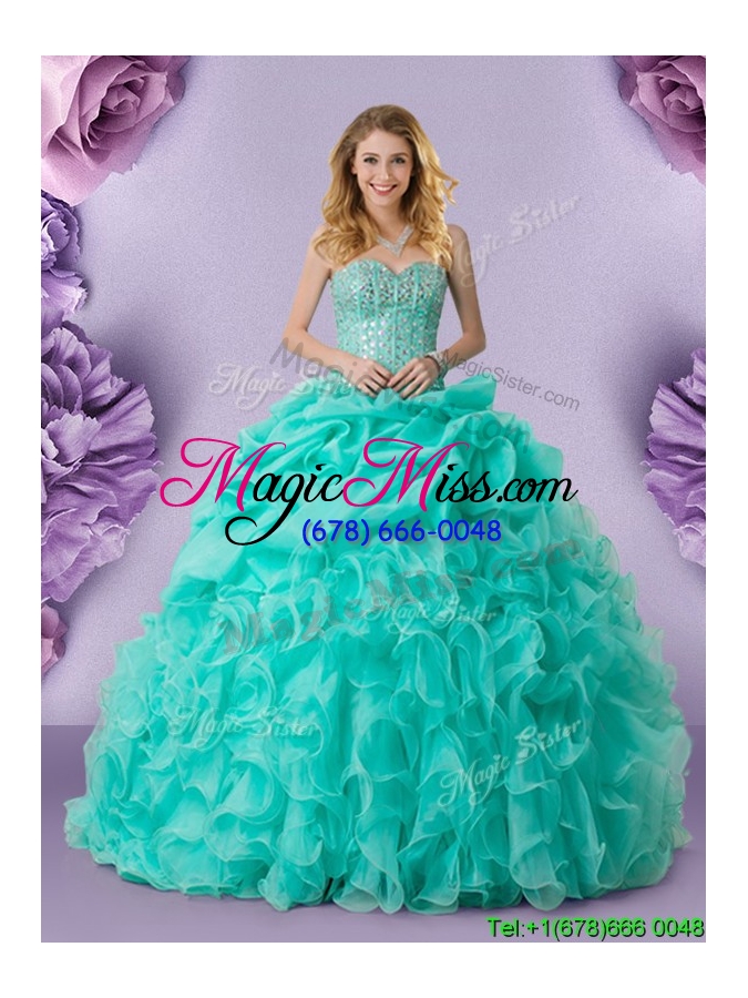 wholesale latest visible boning organza turquoise quinceanera dress with beading and ruffles