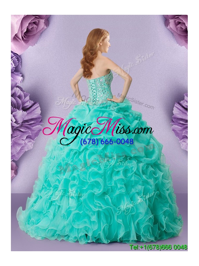 wholesale latest visible boning organza turquoise quinceanera dress with beading and ruffles