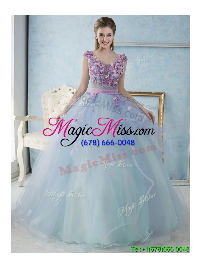 wholesale most popular ruffled and applique v neck quinceanera dress in light blue