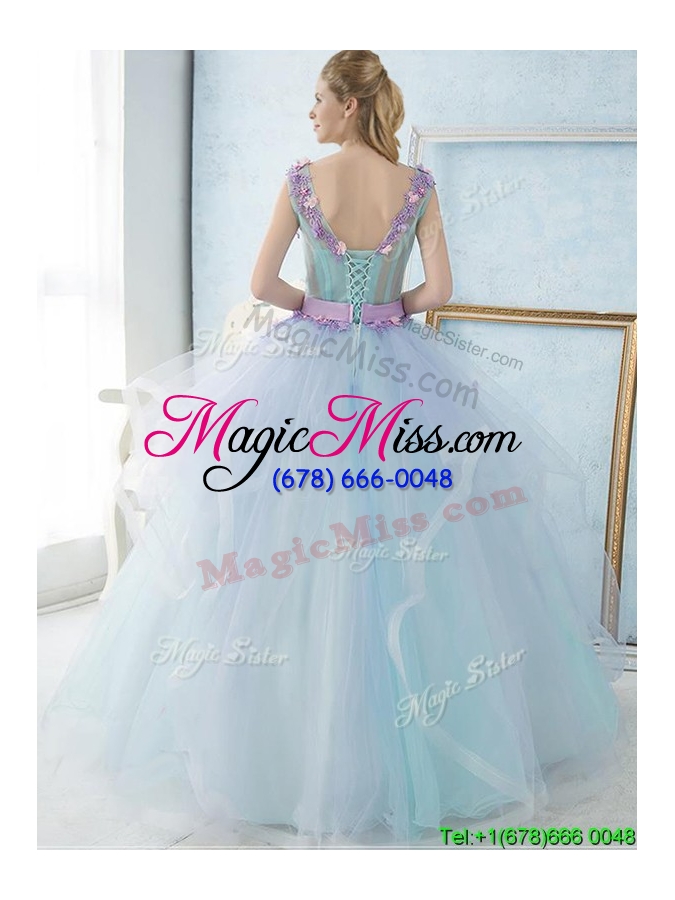 wholesale most popular ruffled and applique v neck quinceanera dress in light blue