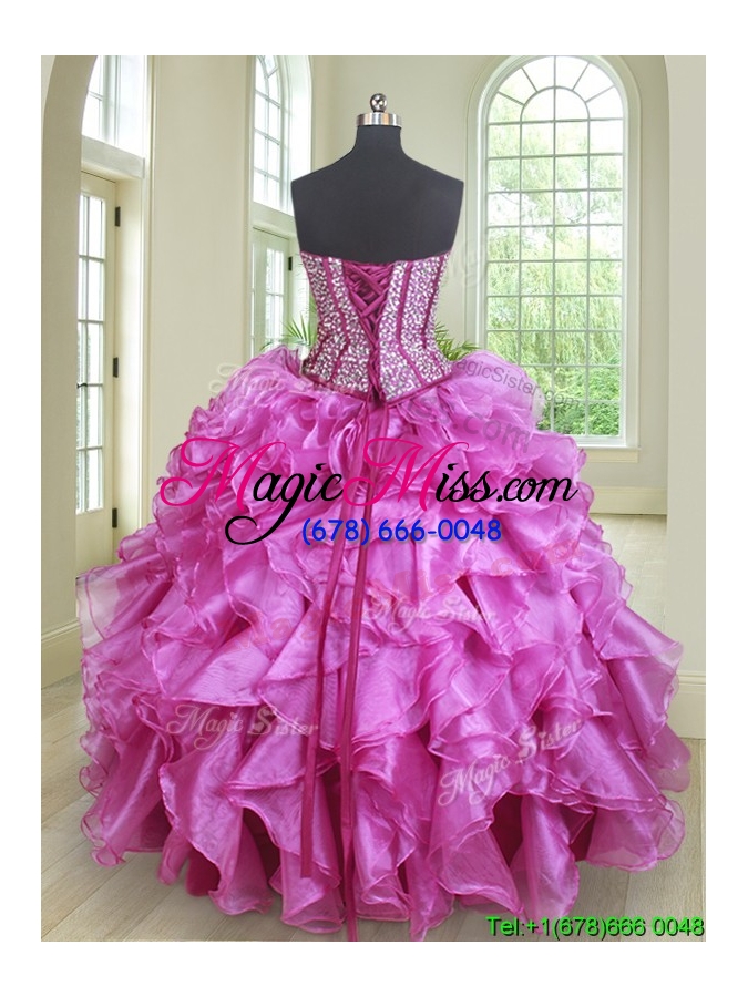 wholesale classical three piece visible boning ruffled and beaded bodice quinceanera dress in fuchsia
