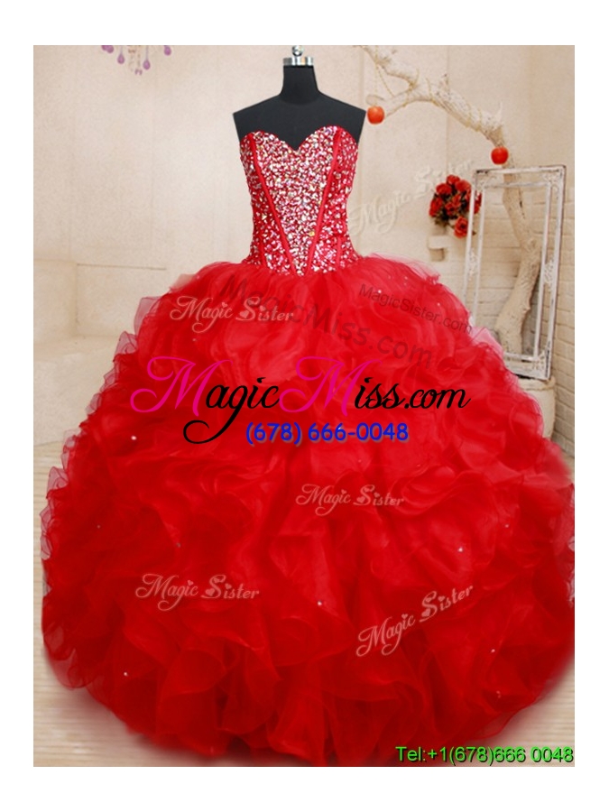 wholesale hot sale big puffy lace up red quinceanera dress with beading and ruffles