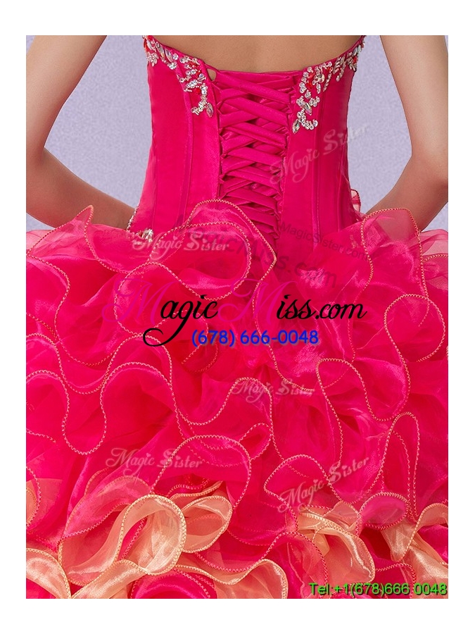 wholesale beautiful ruffled and beaded quinceanera dress in hot pink and gold