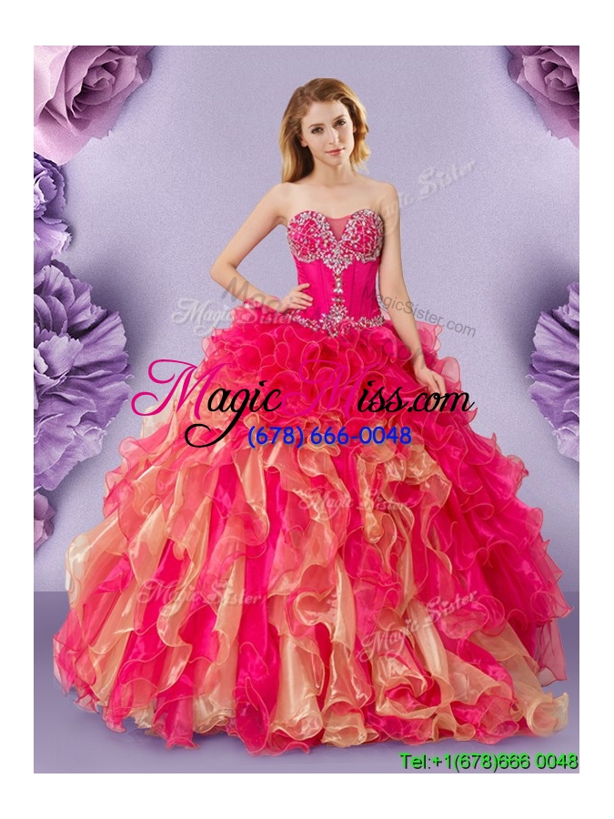 wholesale beautiful ruffled and beaded quinceanera dress in hot pink and gold