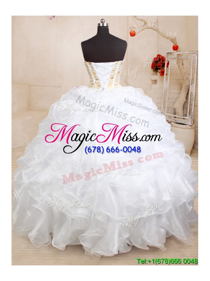 wholesale fashionable visible boning white quinceanera dress with beading and ruffles