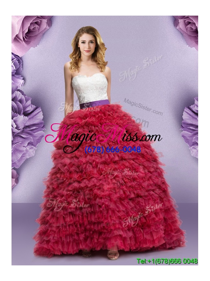 wholesale fashionable laced bodice and ruffled layers quinceanera dress with brush train