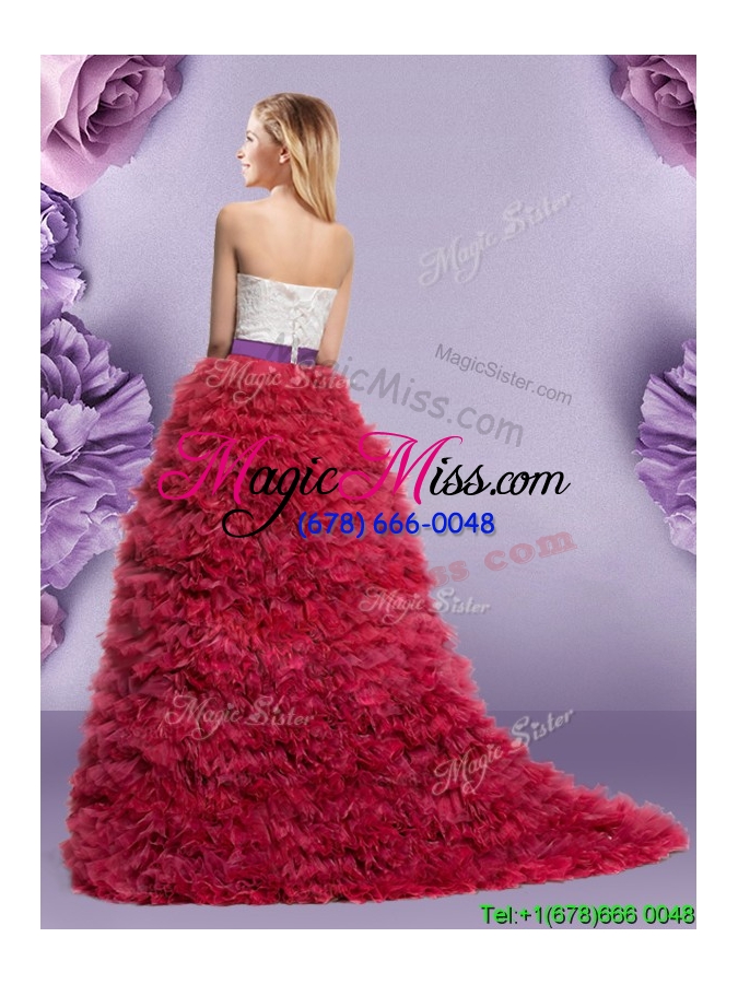wholesale fashionable laced bodice and ruffled layers quinceanera dress with brush train