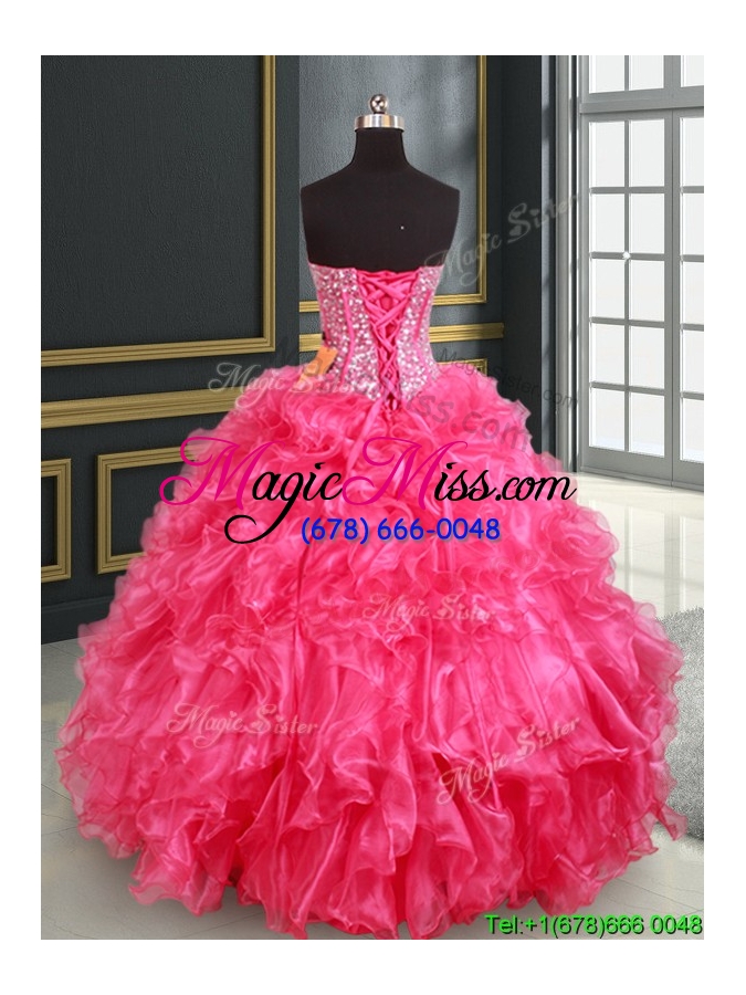 wholesale cheap really puffy visible boning sequined and beaded quinceanera dress in hot pink