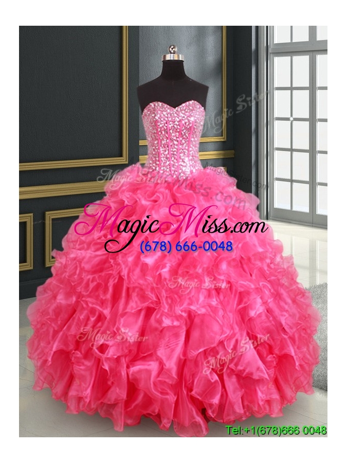 wholesale cheap really puffy visible boning sequined and beaded quinceanera dress in hot pink
