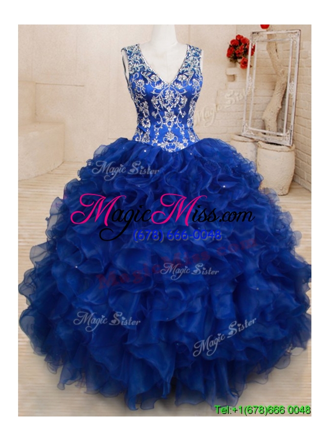 wholesale popular v neck open back royal blue quinceanera dress with beading and ruffles