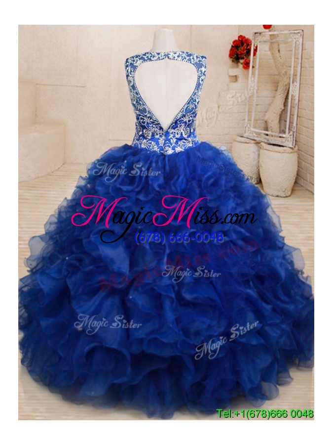 wholesale popular v neck open back royal blue quinceanera dress with beading and ruffles