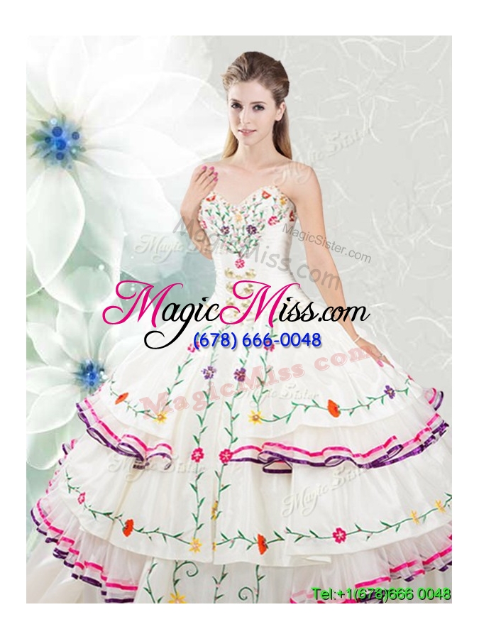 wholesale pretty really puffy white quinceanera dress with embroidery and ruffled layers