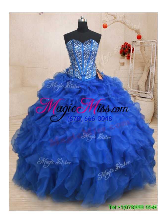 wholesale popular visible boning ruffled and beaded bodice quinceanera dress in blue