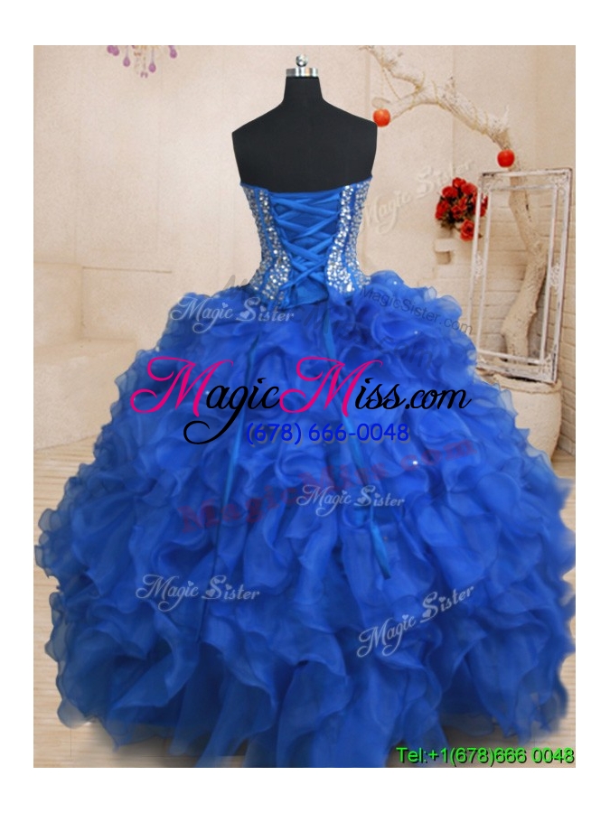 wholesale popular visible boning ruffled and beaded bodice quinceanera dress in blue