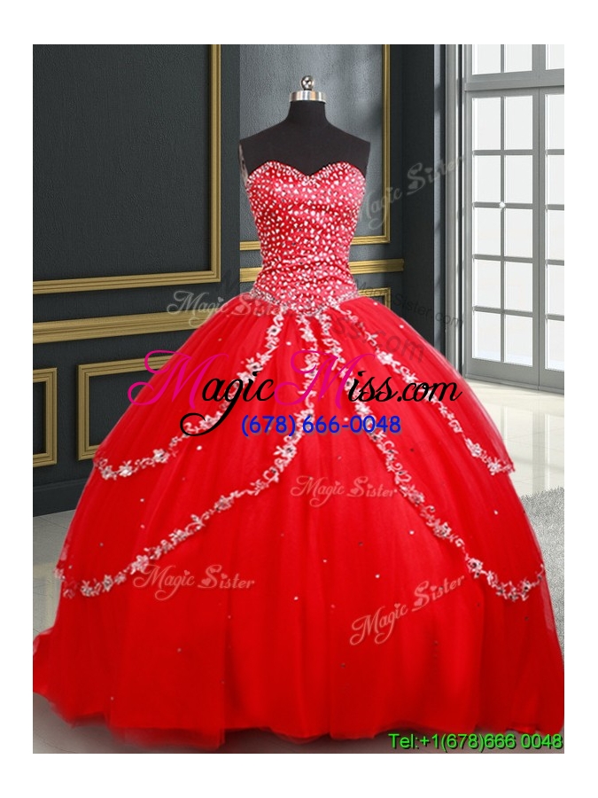 wholesale lovely beaded bodice and applique tulle quinceanera dress with brush train